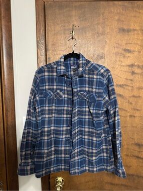 Patagonia Navy and Tan Plaid Flannel Shirt